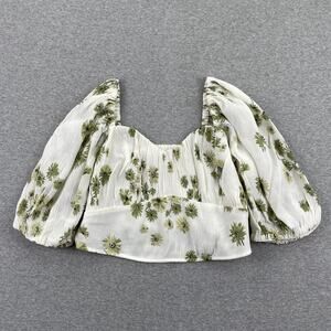Abercrombie & Fitch Top Womens S Floral Puff Sleeve Crop Green White Crinkle